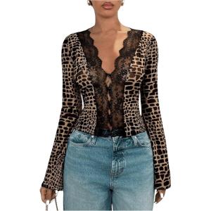 imageMakeMeChic Womens Graphic Print Floral Lace Scallop Trim V Neck Long Sleeve Tee Shirt Tops