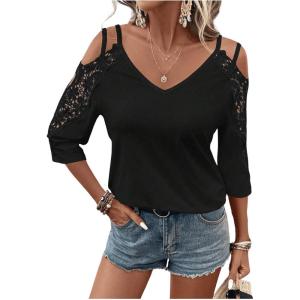 imageMakeMeChic Womens Guipure Lace V Neck Tee Shirts Cut Out Cold Shoulder 34 Sleeve TopsBlack