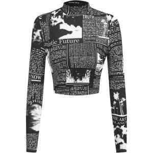imageMakeMeChic Womens Newspaper Print Mock Neck Tee Shirt Long Sleeve Slim Fit Crop Tops Black Large