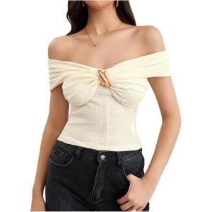imageMakeMeChic Womens Off The Shoulder T Shirt Ruched Short Sleeve Dressy Crop TopsApricot