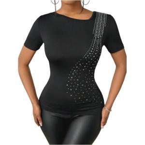 imageMakeMeChic Womens Rhinestone Sparkly Tops Asymmetrical Neck Short Sleeve Fitted Tee Shirt Top