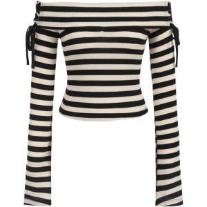 imageMakeMeChic Womens Striped Off Shoulder Lace Up Long Sleeve Crop Top Slim Fitted Tee Shirt