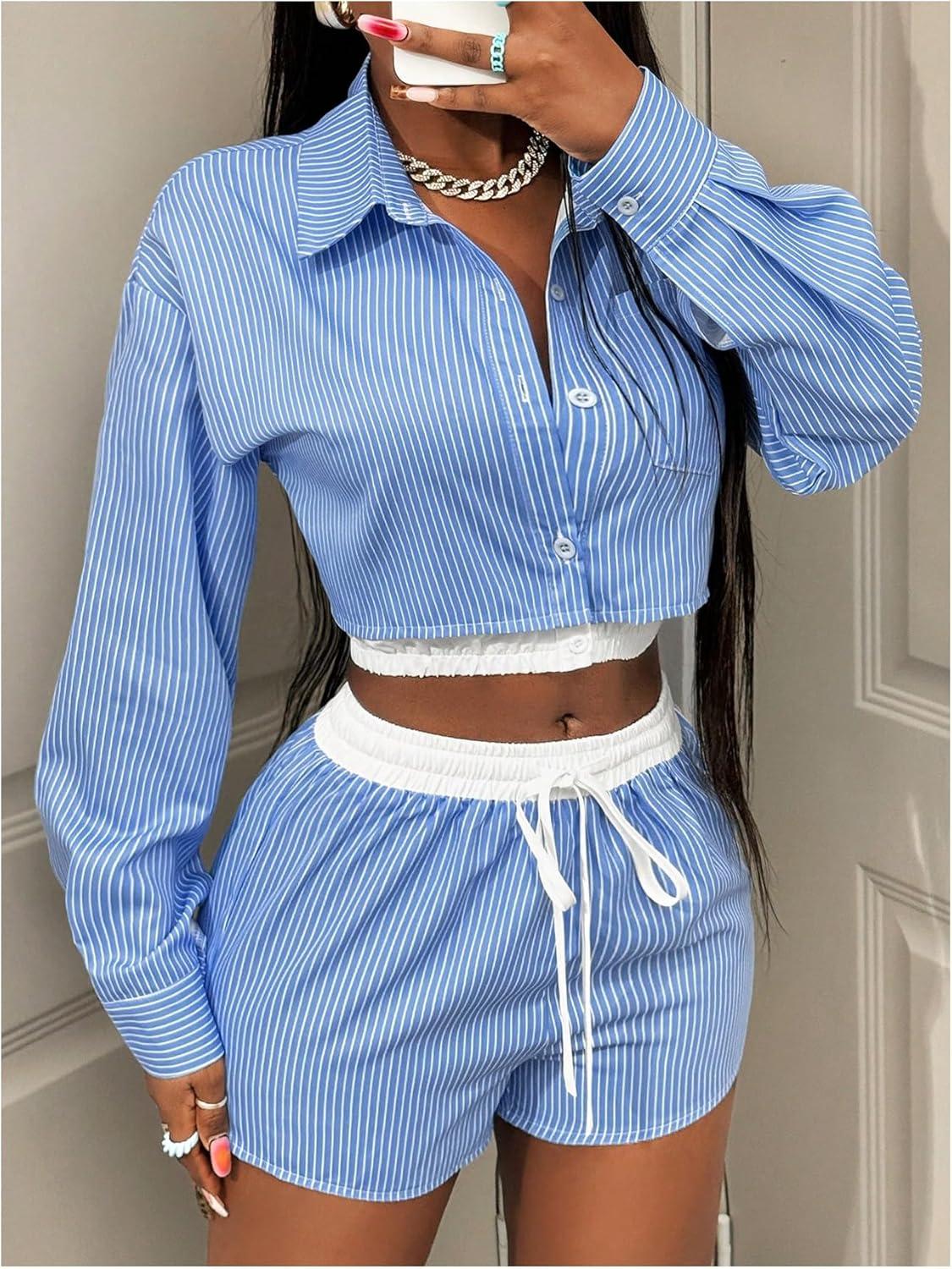 imageMakeMeChic Womens 2 Piece Fall Outfit Striped Long Sleeve Button Down Shirt Crop Tops and Shorts SetBlue and White