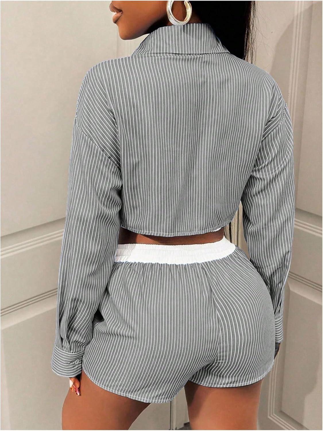 imageMakeMeChic Womens 2 Piece Fall Outfit Striped Long Sleeve Button Down Shirt Crop Tops and Shorts SetGrey