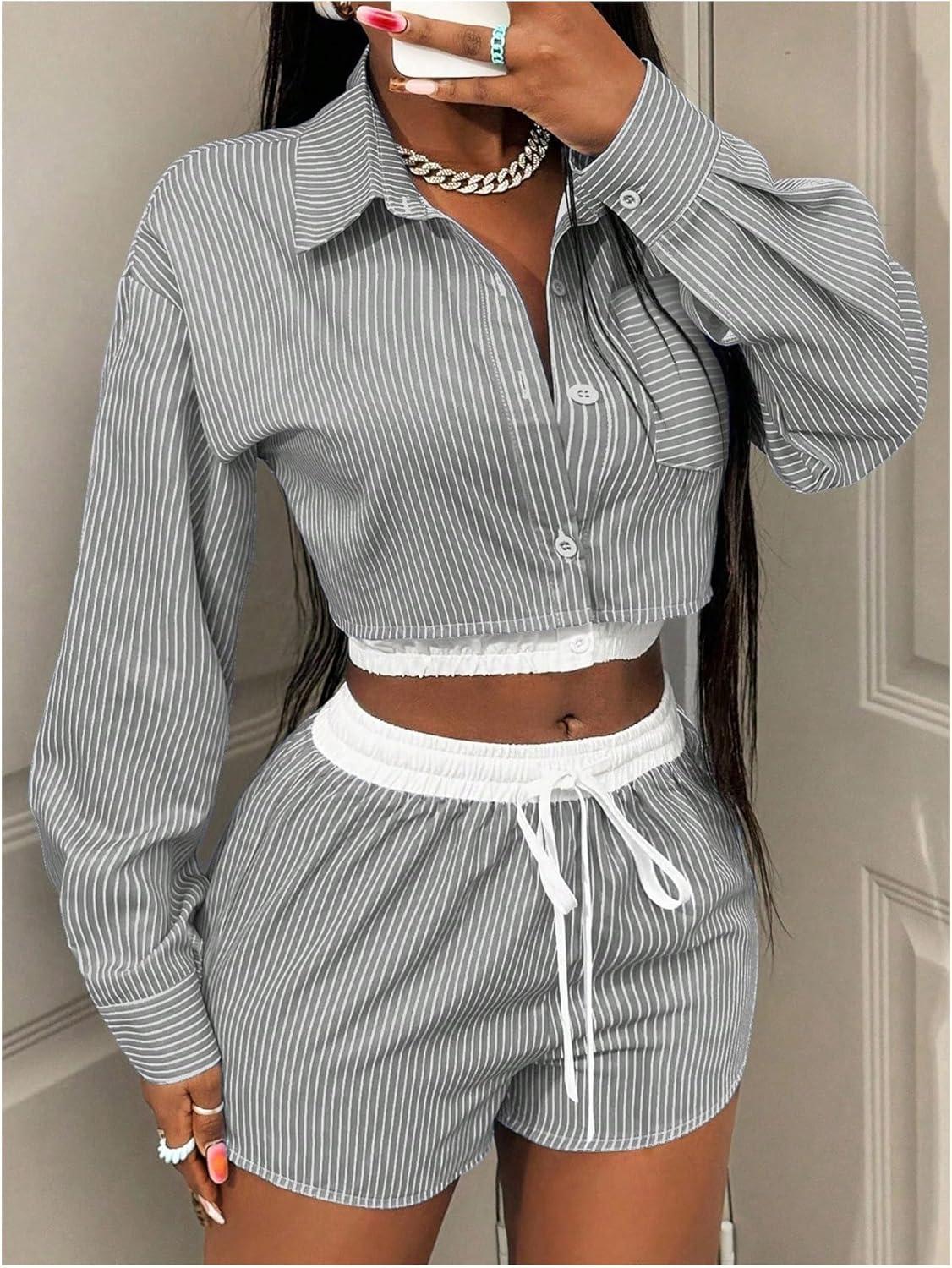 imageMakeMeChic Womens 2 Piece Fall Outfit Striped Long Sleeve Button Down Shirt Crop Tops and Shorts SetGrey