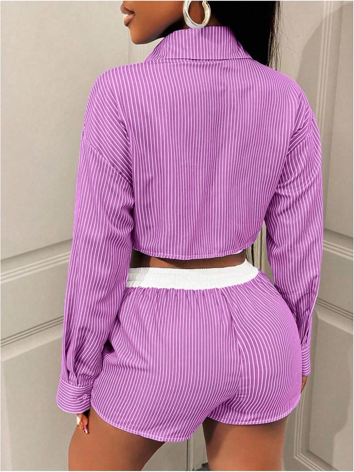 imageMakeMeChic Womens 2 Piece Fall Outfit Striped Long Sleeve Button Down Shirt Crop Tops and Shorts SetPink