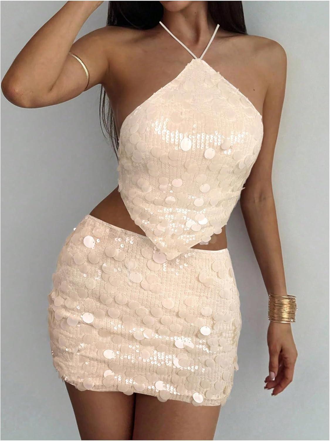 imageMakeMeChic Womens 2 Piece Outfits Glitter Sequin Halter Crop Top and Bodycon Mini Skirt Party SetsApricot