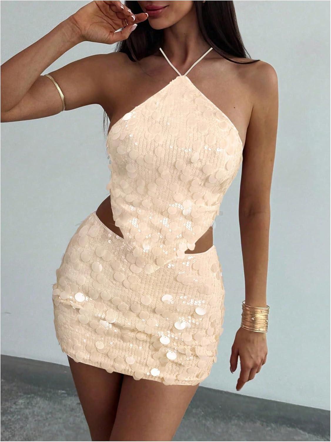 imageMakeMeChic Womens 2 Piece Outfits Glitter Sequin Halter Crop Top and Bodycon Mini Skirt Party SetsApricot