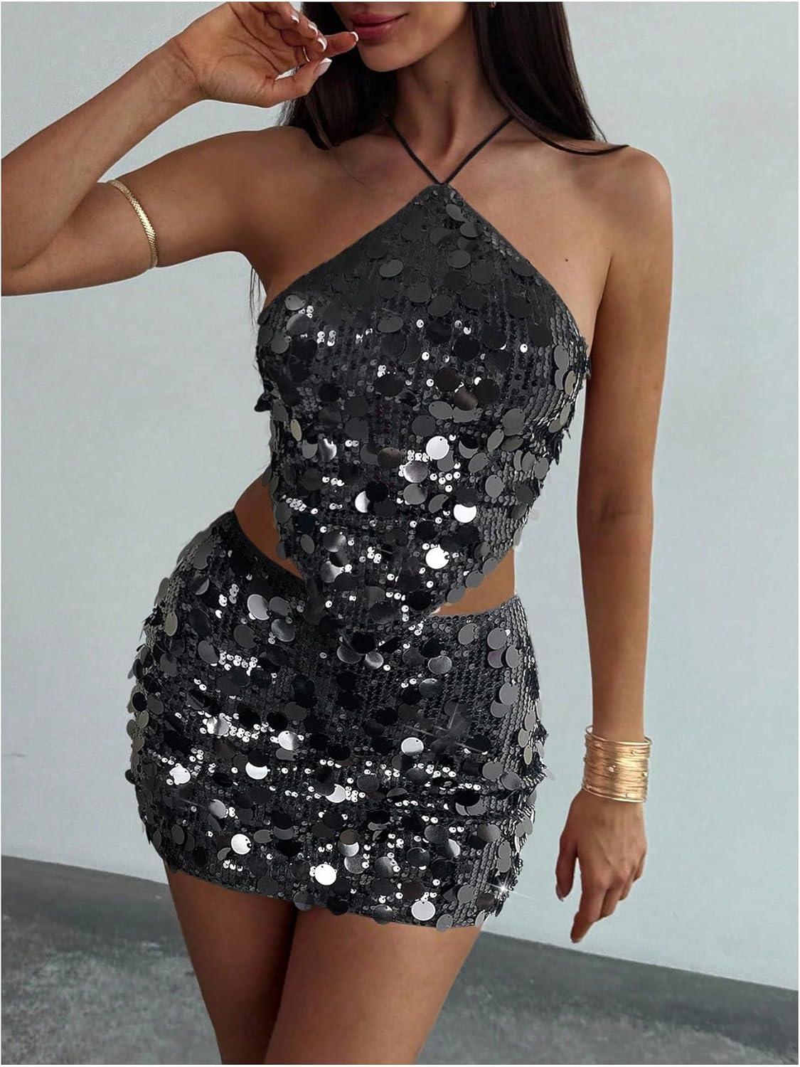 imageMakeMeChic Womens 2 Piece Outfits Glitter Sequin Halter Crop Top and Bodycon Mini Skirt Party SetsBlack