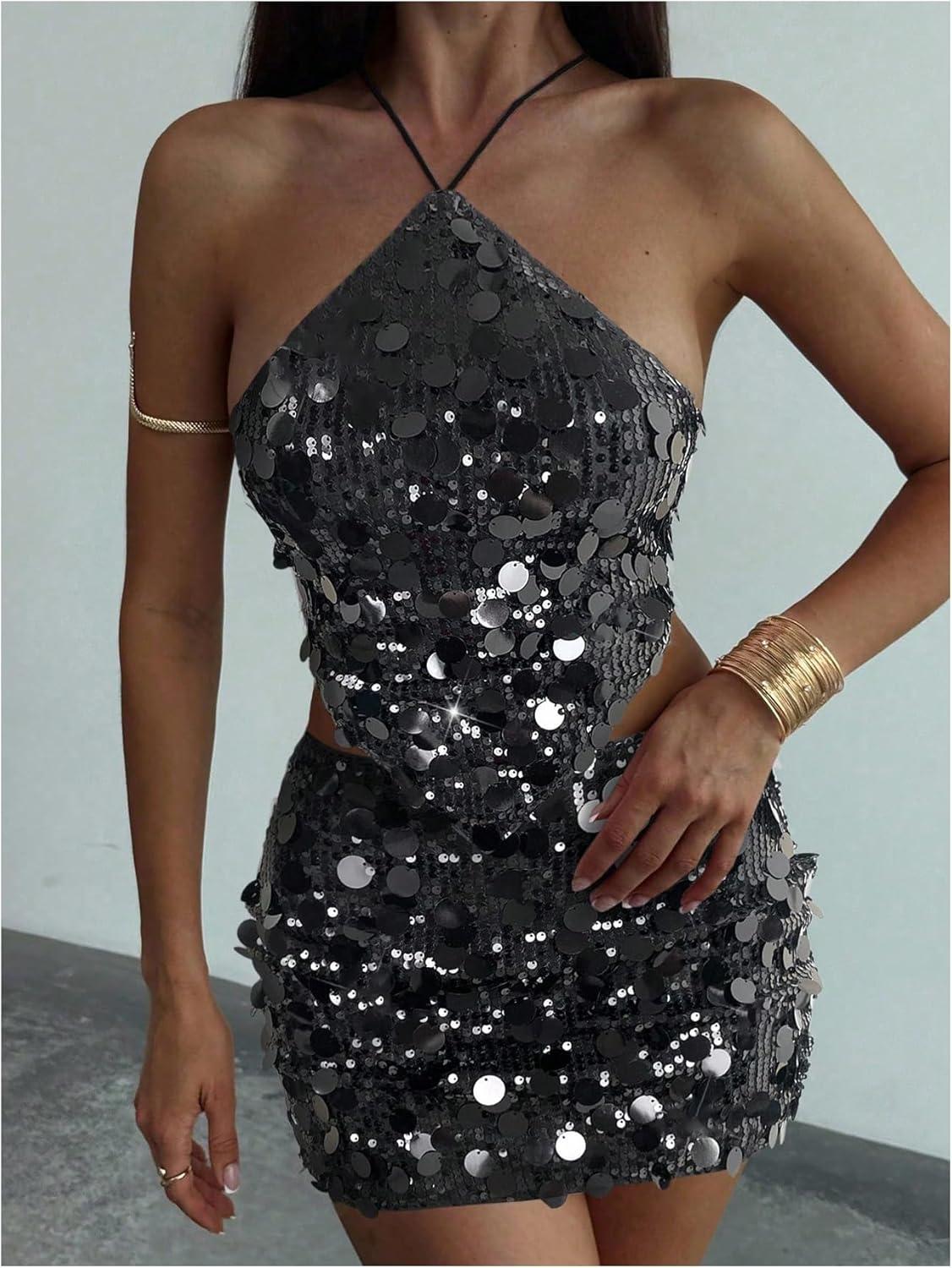 imageMakeMeChic Womens 2 Piece Outfits Glitter Sequin Halter Crop Top and Bodycon Mini Skirt Party SetsBlack