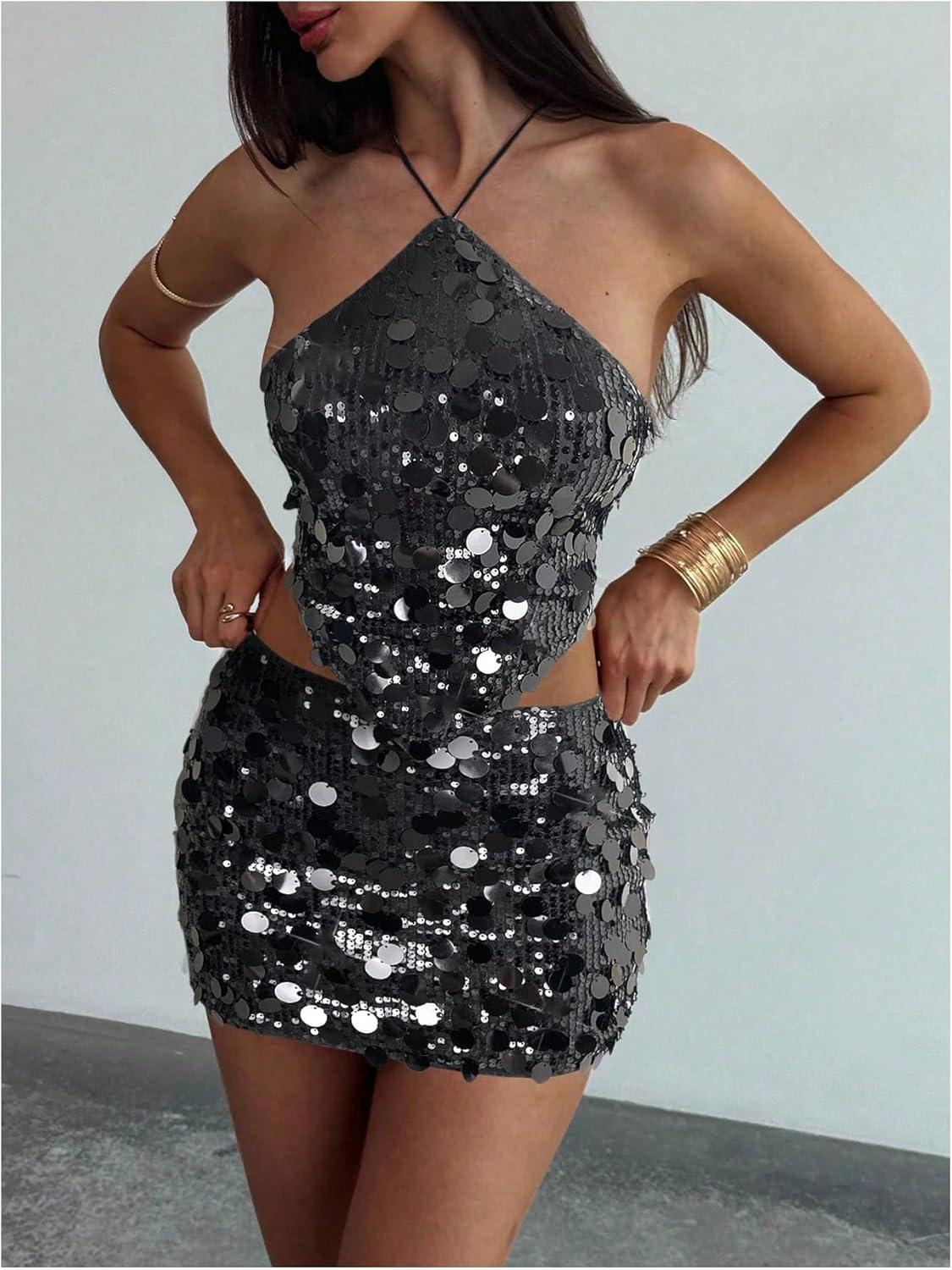 imageMakeMeChic Womens 2 Piece Outfits Glitter Sequin Halter Crop Top and Bodycon Mini Skirt Party SetsBlack