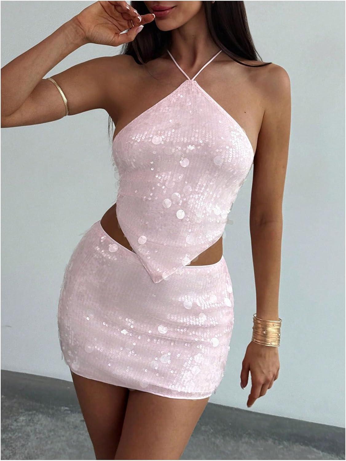 imageMakeMeChic Womens 2 Piece Outfits Glitter Sequin Halter Crop Top and Bodycon Mini Skirt Party SetsPink