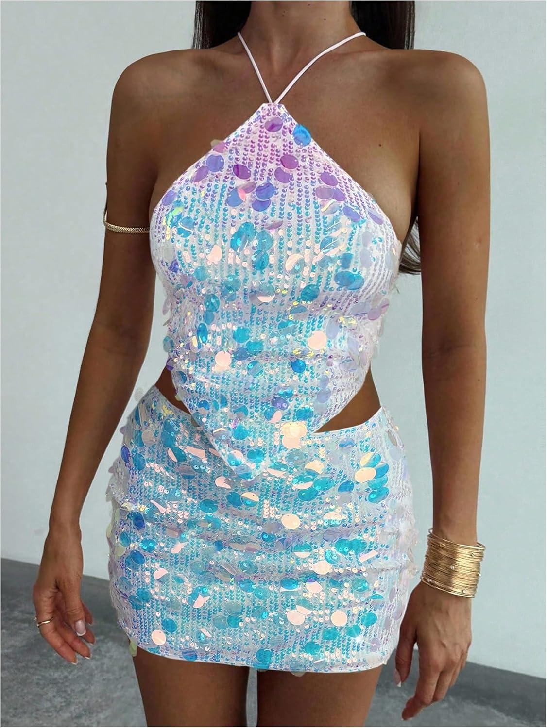 imageMakeMeChic Womens 2 Piece Outfits Glitter Sequin Halter Crop Top and Bodycon Mini Skirt Party SetsWhite