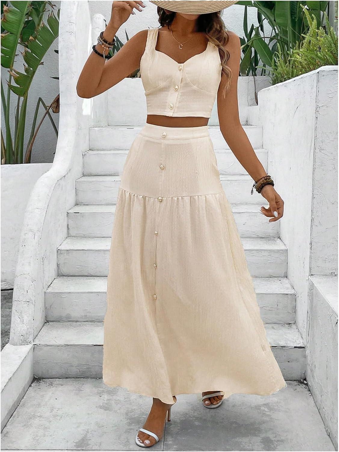 imageMakeMeChic Womens 2 Piece Outfits Wide Strap Cami Crop Top and Ruffle Maxi Skirt Set with PocketsApricot