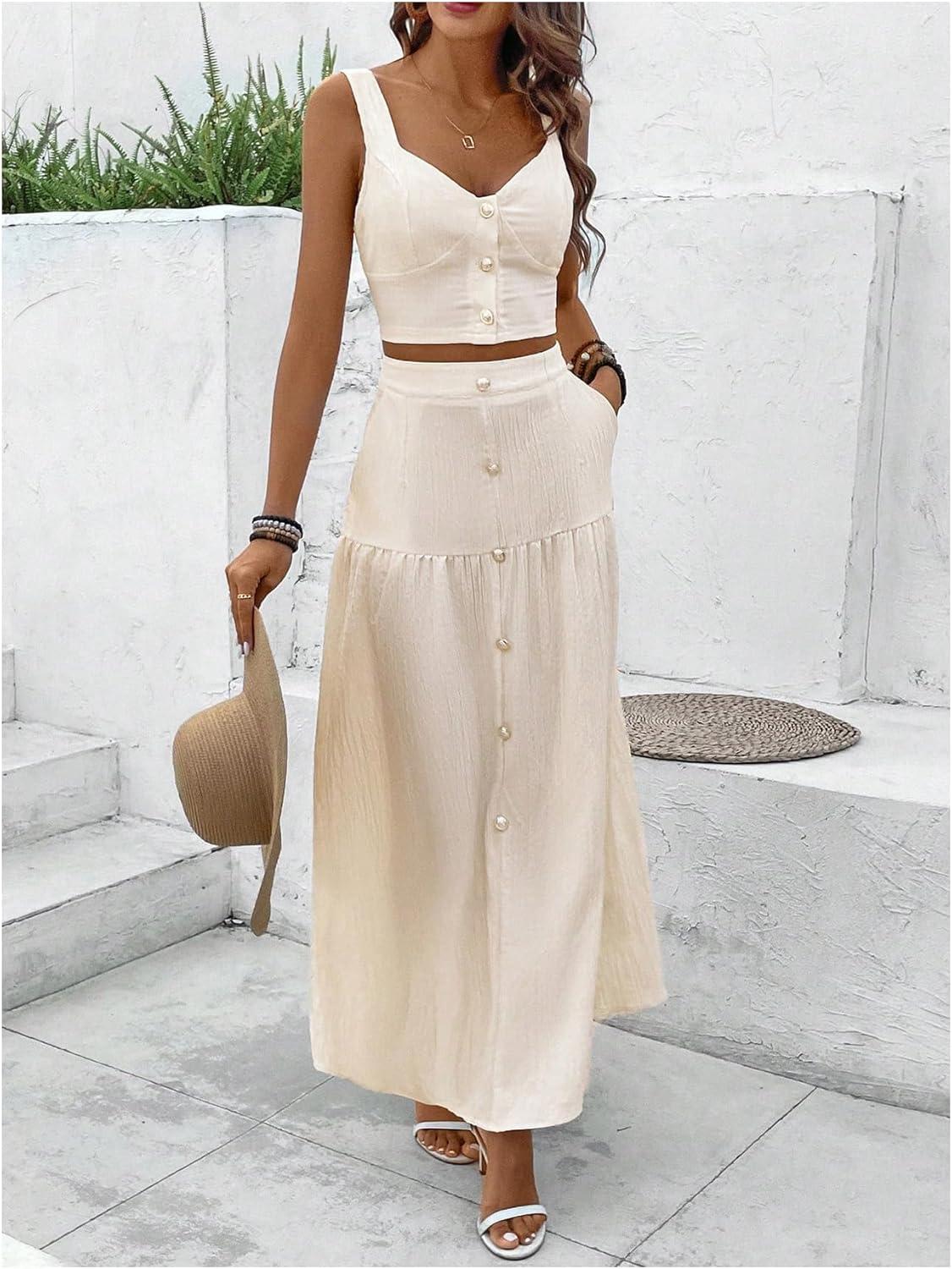 imageMakeMeChic Womens 2 Piece Outfits Wide Strap Cami Crop Top and Ruffle Maxi Skirt Set with PocketsApricot