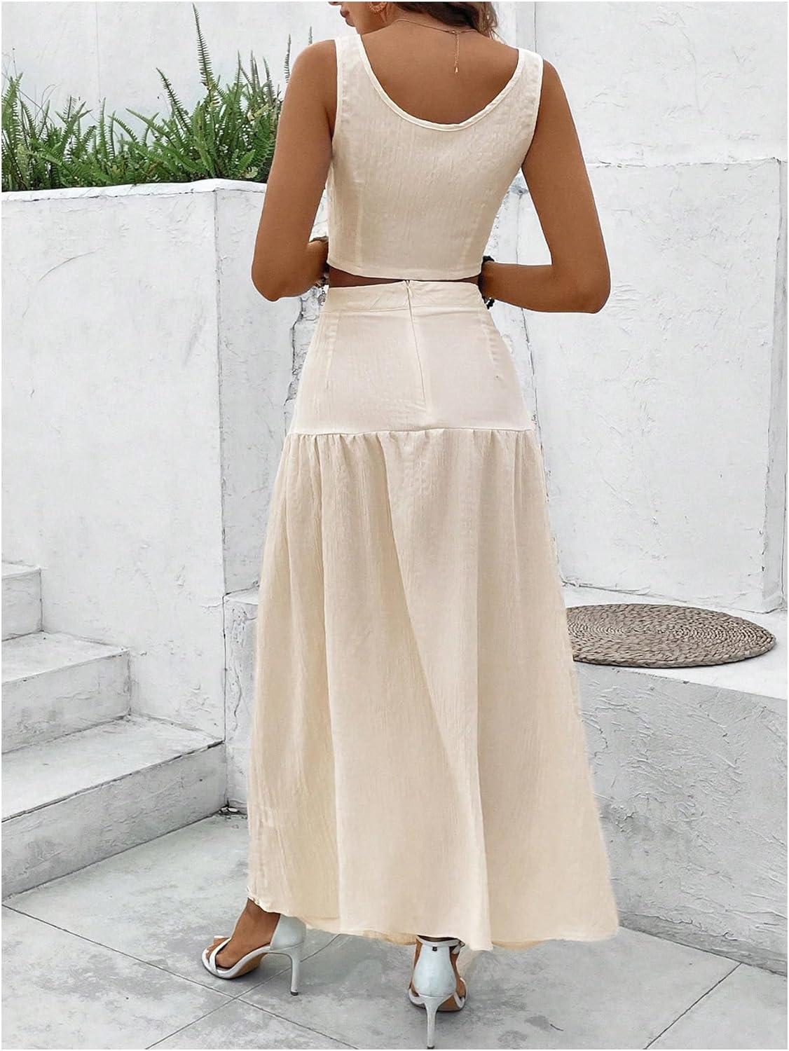 imageMakeMeChic Womens 2 Piece Outfits Wide Strap Cami Crop Top and Ruffle Maxi Skirt Set with PocketsApricot