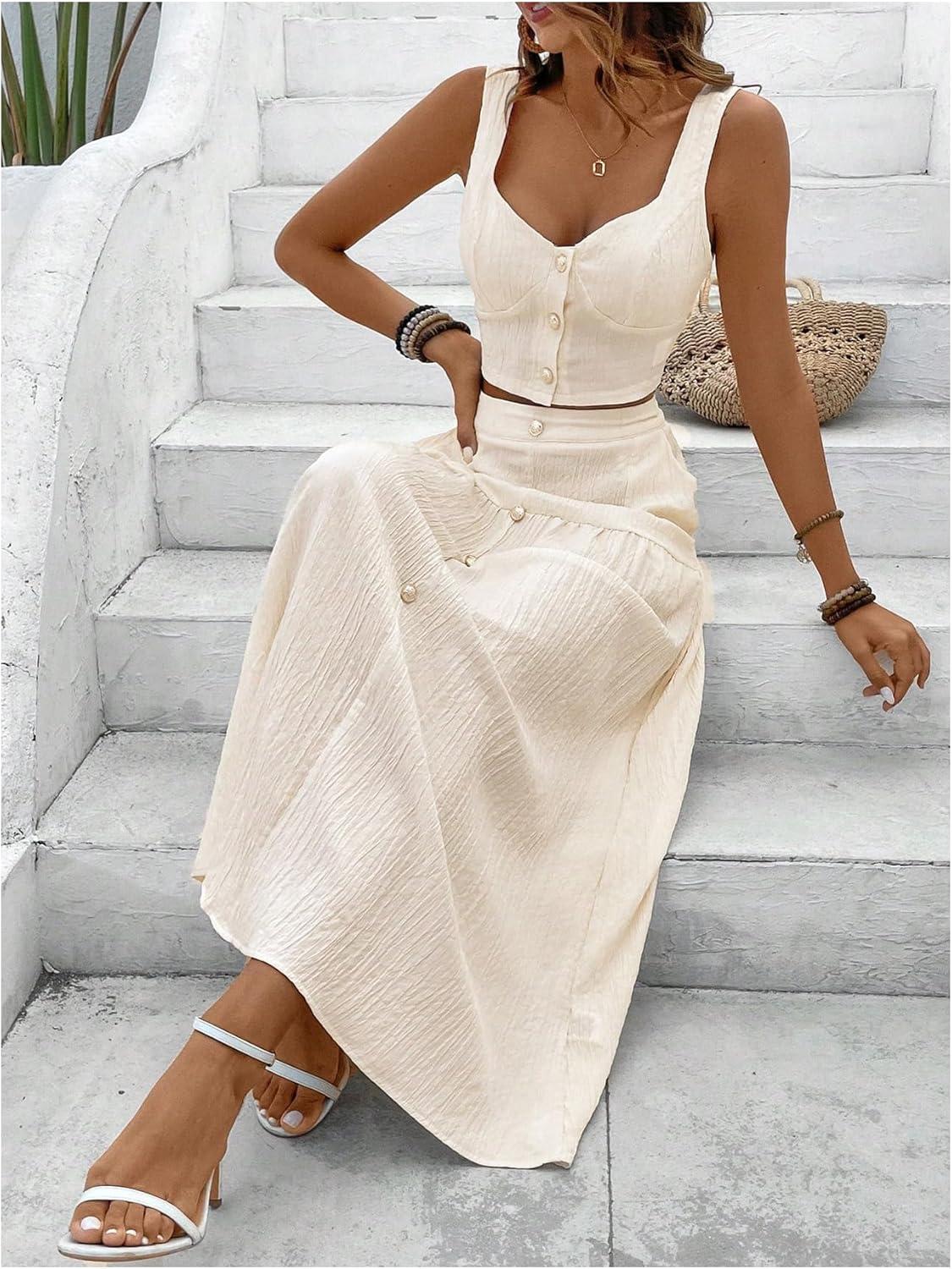 imageMakeMeChic Womens 2 Piece Outfits Wide Strap Cami Crop Top and Ruffle Maxi Skirt Set with PocketsApricot