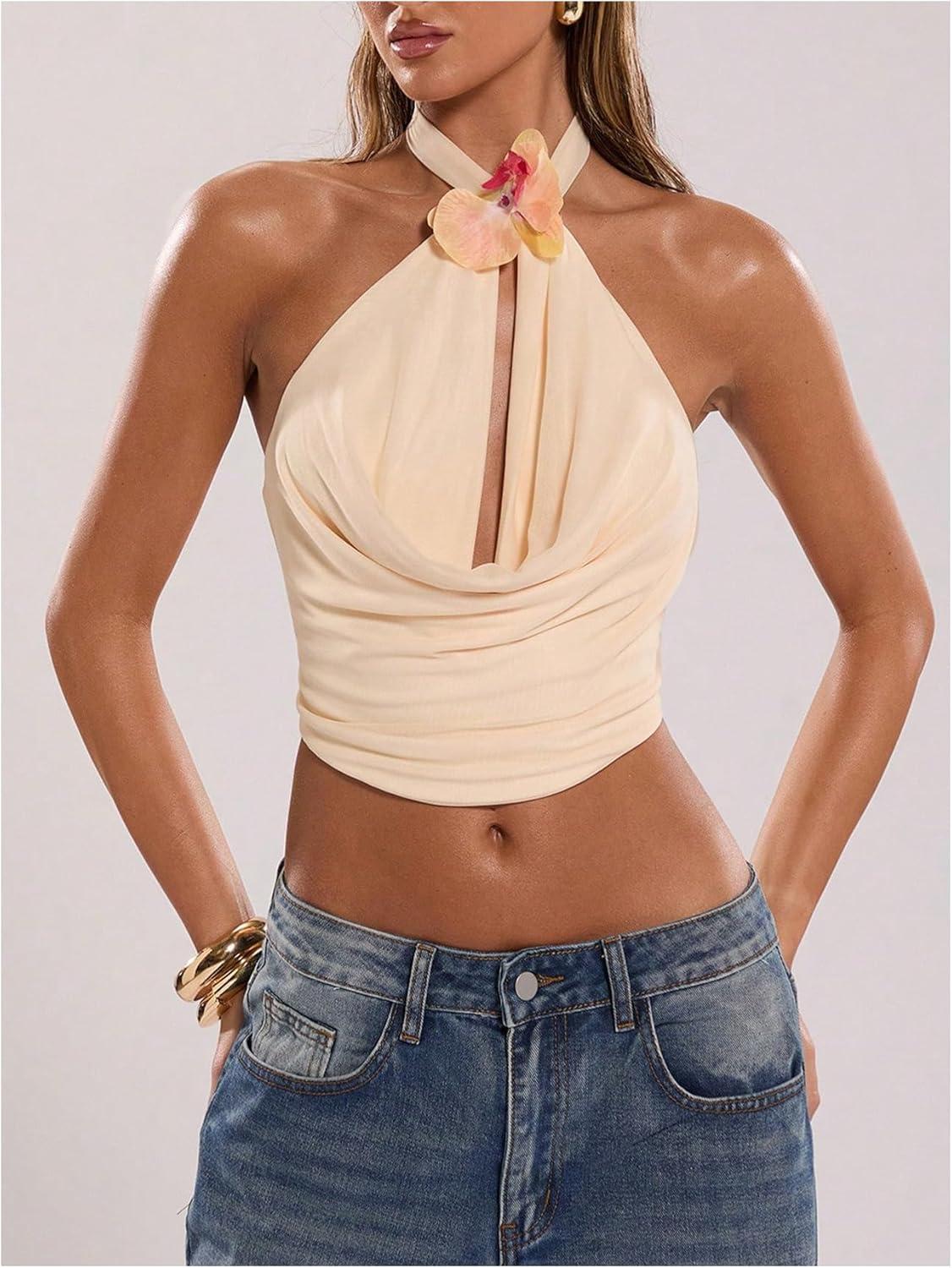 imageMakeMeChic Womens 3D Flower Sexy Halter Top Draped Front Tie Backless Sleeveless Tank TopsApricot