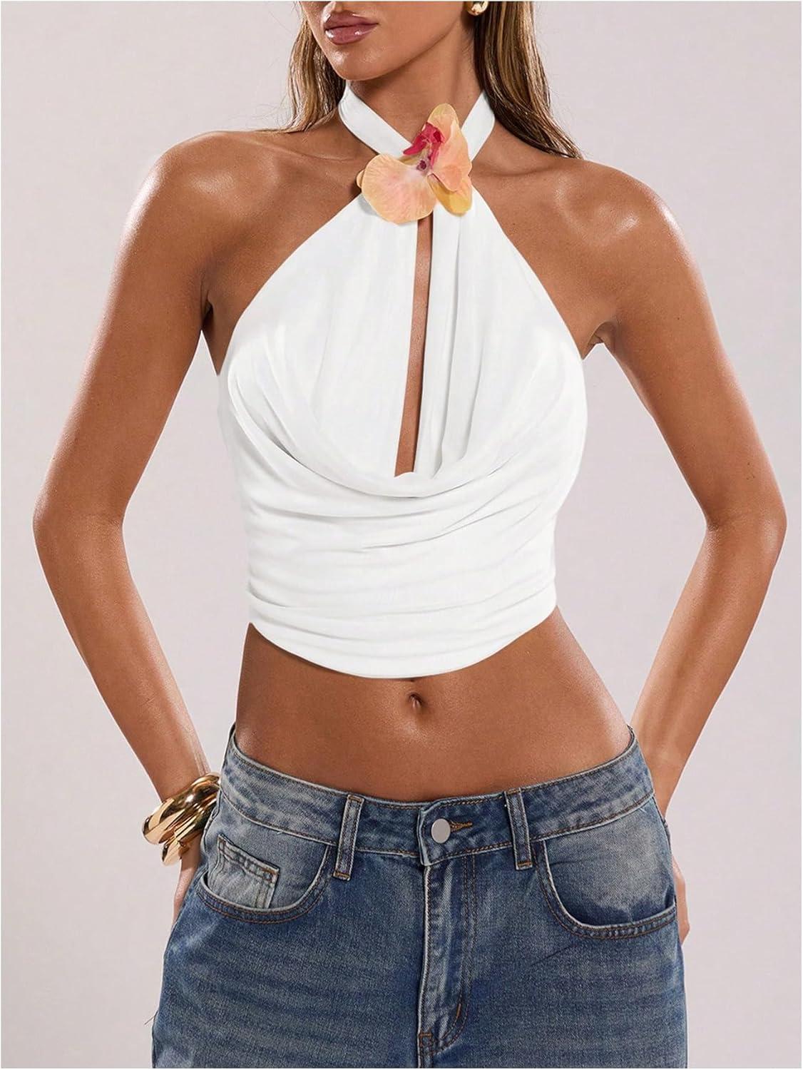 imageMakeMeChic Womens 3D Flower Sexy Halter Top Draped Front Tie Backless Sleeveless Tank TopsWhite