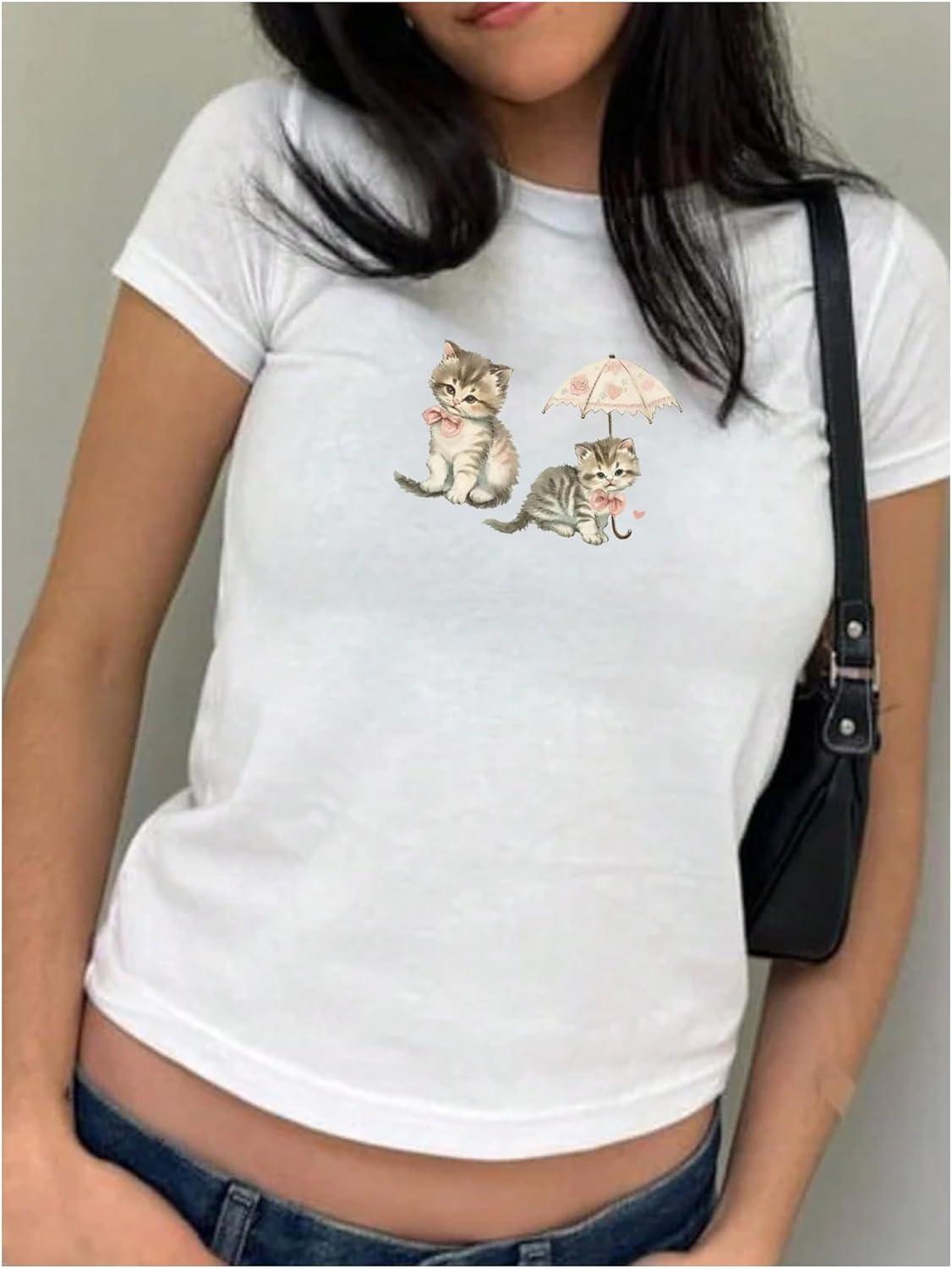 imageMakeMeChic Womens Graphic Print Tee Round Neck Short Sleeve Slim Fitted Crop Y2K T Shirt TopWhite D