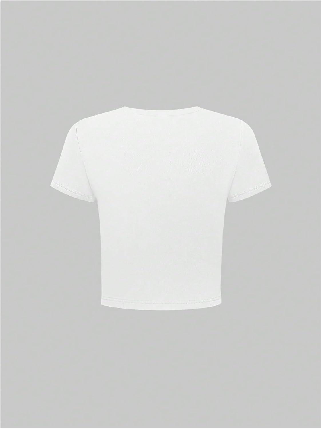 imageMakeMeChic Womens Graphic Print Tee Round Neck Short Sleeve Slim Fitted Crop Y2K T Shirt TopWhite D