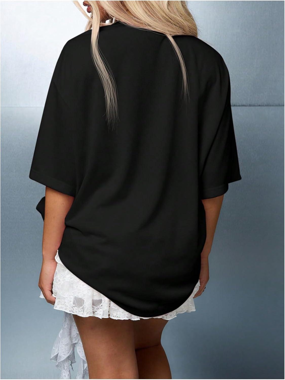 imageMakeMeChic Womens Lace Number Print Short Sleeve V Neck Loose Fit Jersey Shirts Tee TopsBlack