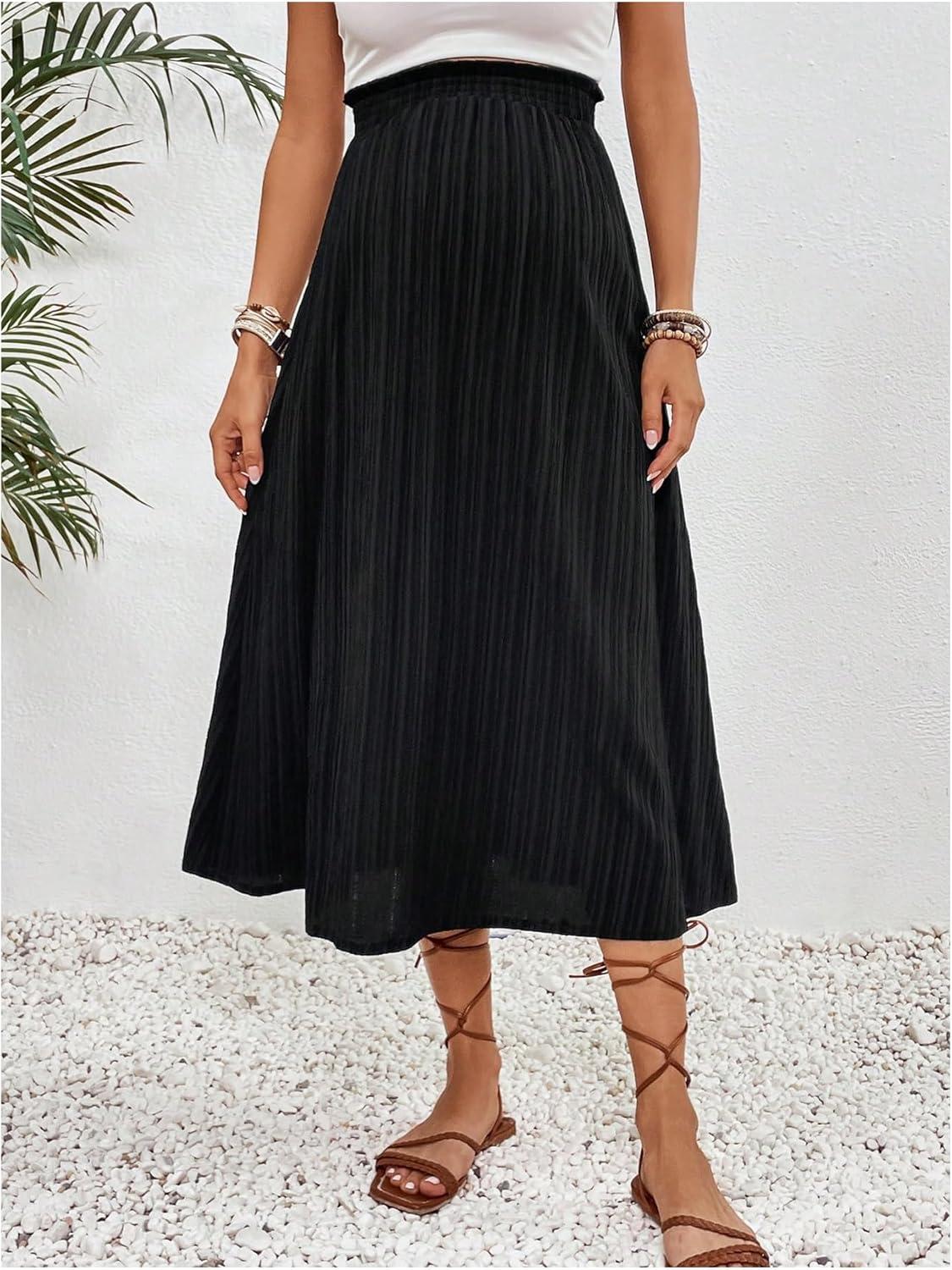 imageMakeMeChic Womens Maternity Skirt Elastic Waist Split Side Pleated Summer Pregnancy Long SkirtsBlack