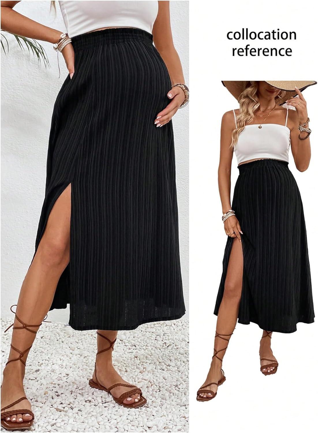 imageMakeMeChic Womens Maternity Skirt Elastic Waist Split Side Pleated Summer Pregnancy Long SkirtsBlack