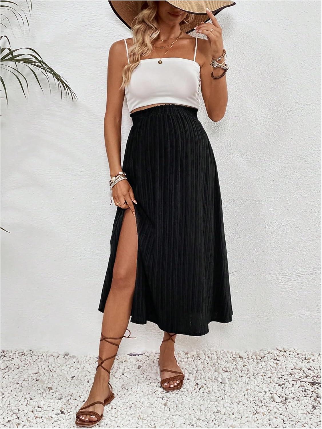 imageMakeMeChic Womens Maternity Skirt Elastic Waist Split Side Pleated Summer Pregnancy Long SkirtsBlack