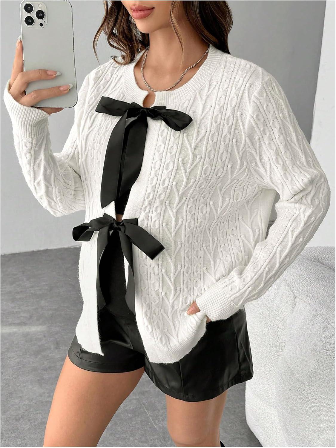 imageMakeMeChic Womens Maternity Sweater Bow Knot Crew Neck Long Sleeve Pregnancy CardiganWhite