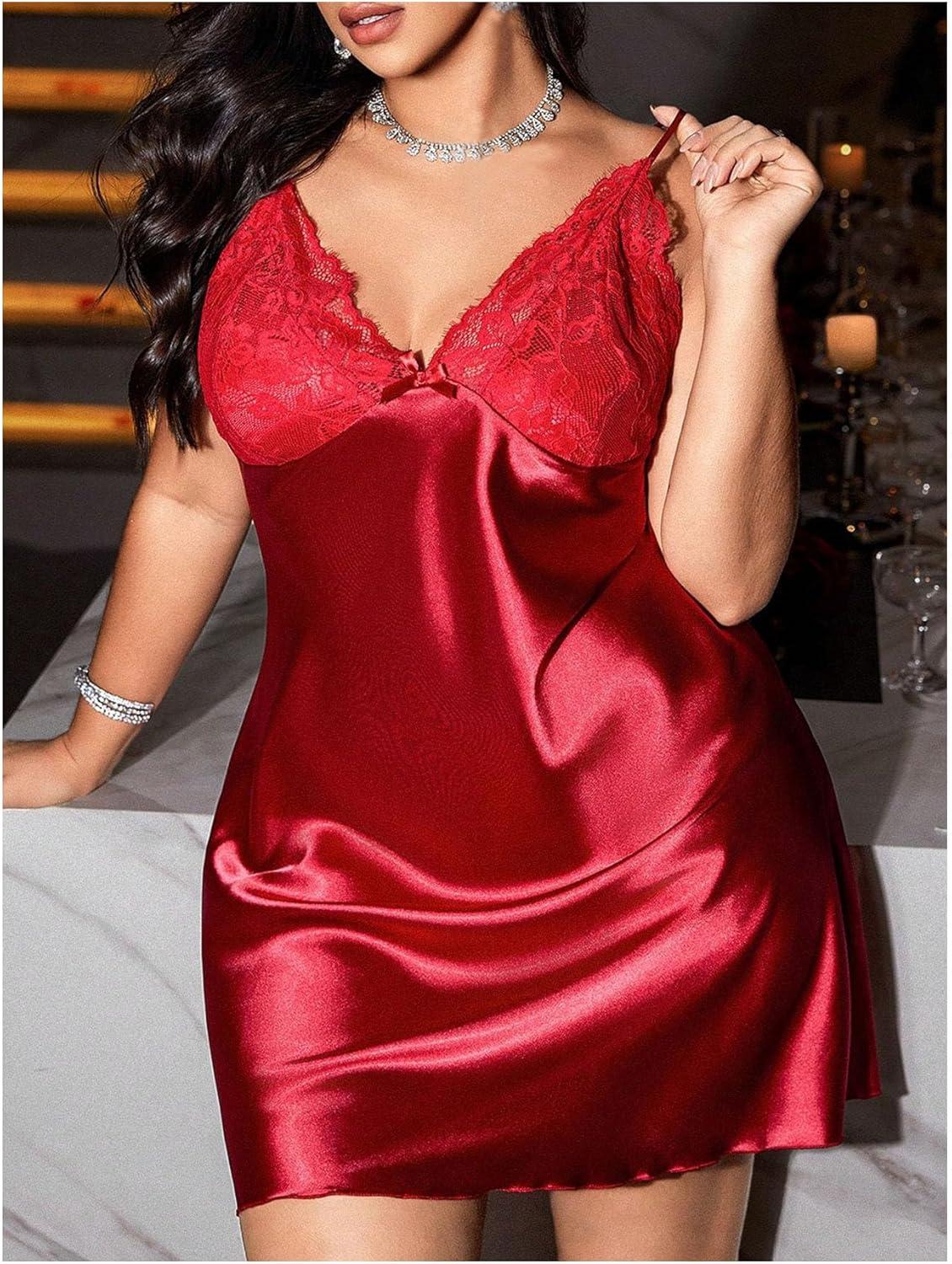 imageMakeMeChic Womens Plus Size Babydoll Nightgown Contrast Lace Spaghetti Strap Open Back Satin Slip DressBurgundy