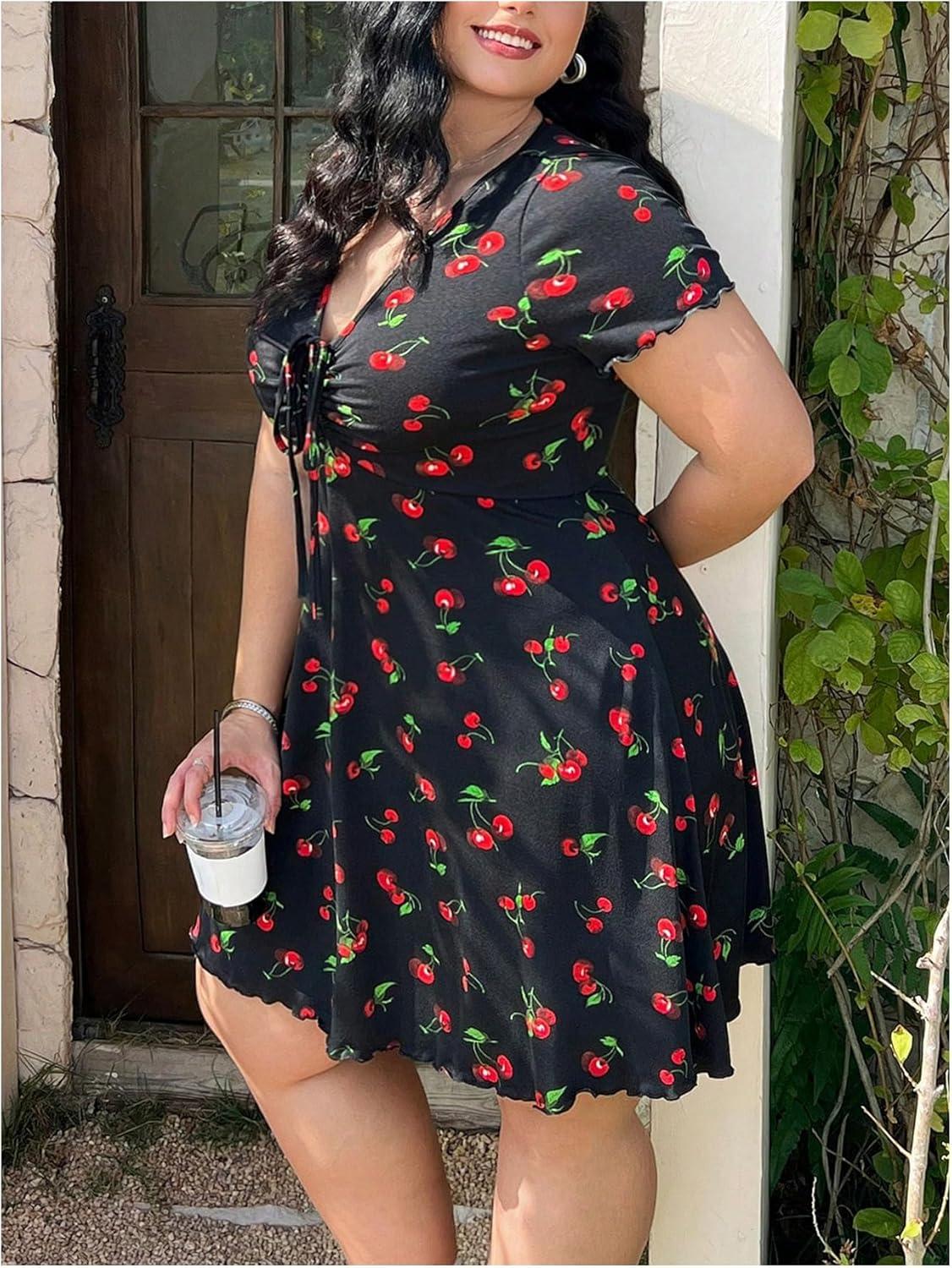 imageMakeMeChic Womens Plus Size Cherry Y2K Party Mini Dress Ruched Drawstring Short Sleeve V Neck DressesBlack