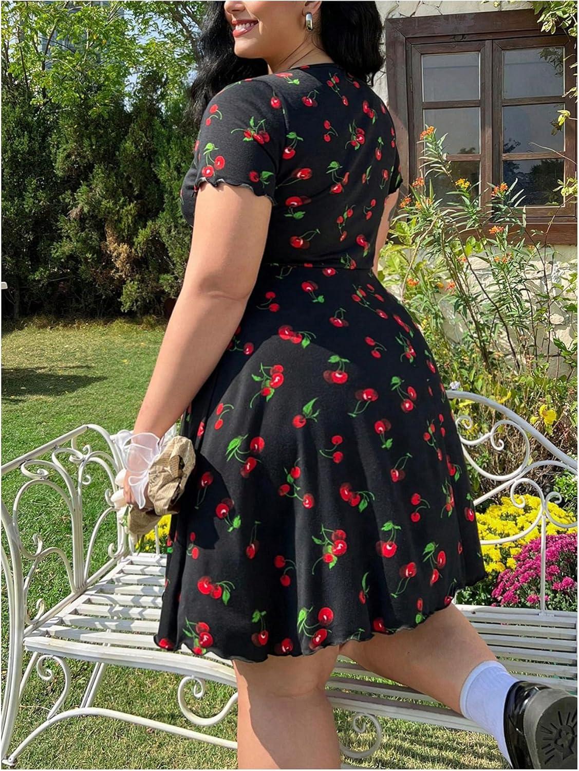 imageMakeMeChic Womens Plus Size Cherry Y2K Party Mini Dress Ruched Drawstring Short Sleeve V Neck DressesBlack