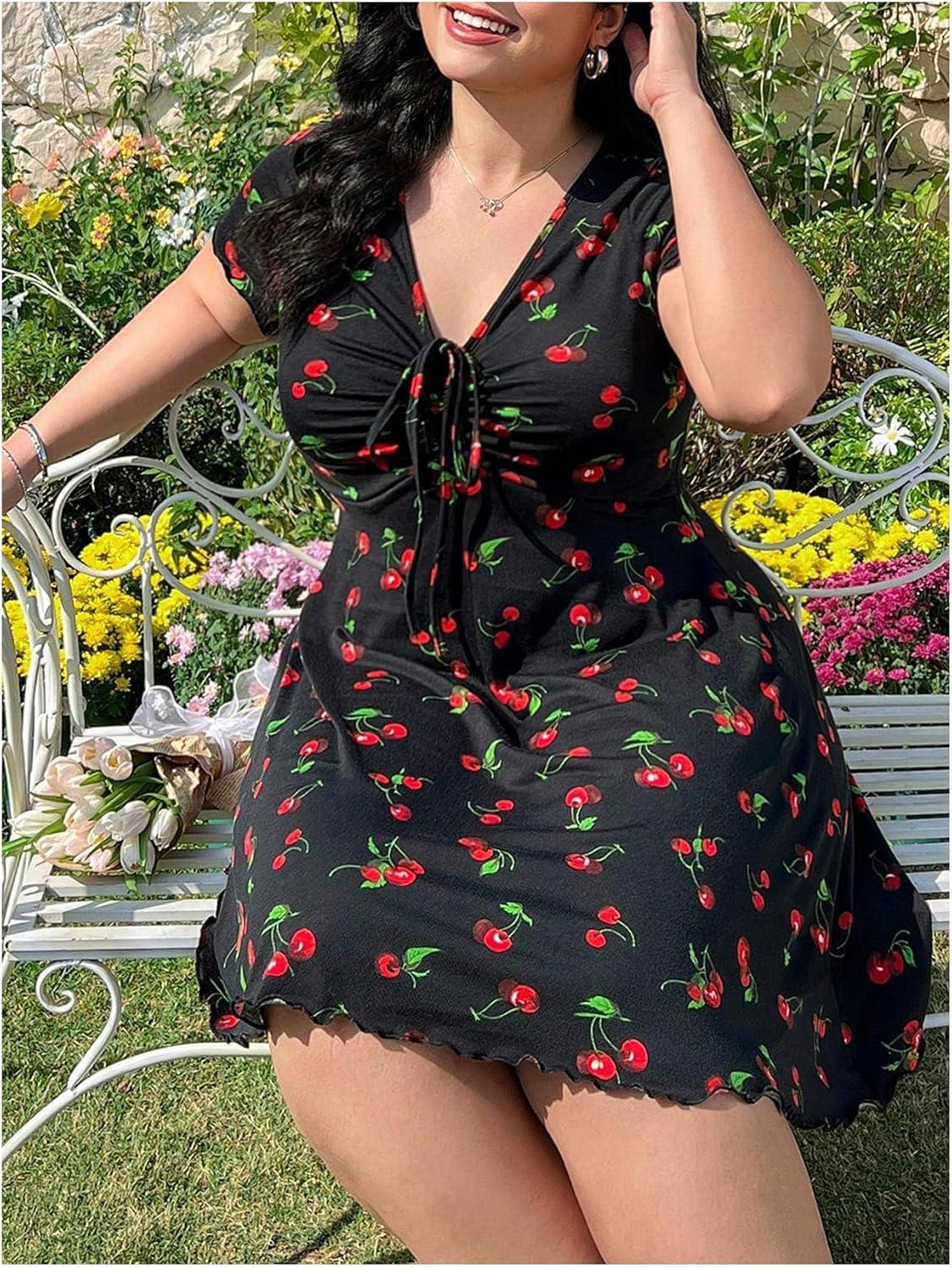 imageMakeMeChic Womens Plus Size Cherry Y2K Party Mini Dress Ruched Drawstring Short Sleeve V Neck DressesBlack