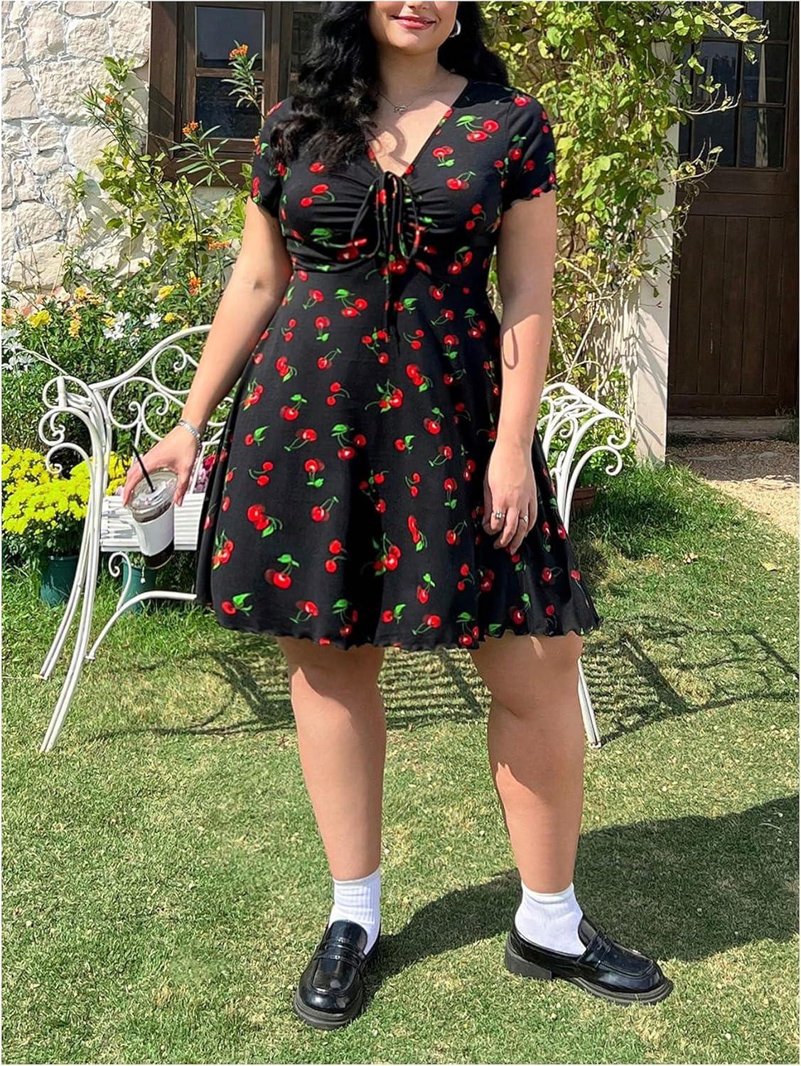 imageMakeMeChic Womens Plus Size Cherry Y2K Party Mini Dress Ruched Drawstring Short Sleeve V Neck DressesBlack