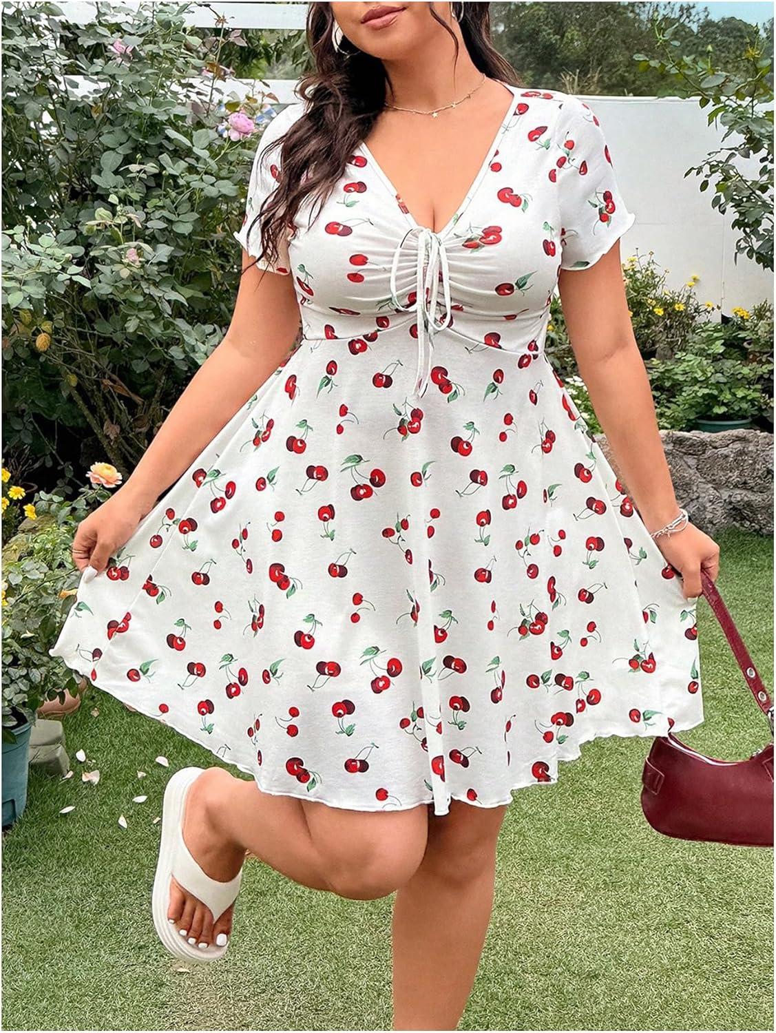 imageMakeMeChic Womens Plus Size Cherry Y2K Party Mini Dress Ruched Drawstring Short Sleeve V Neck DressesWhite