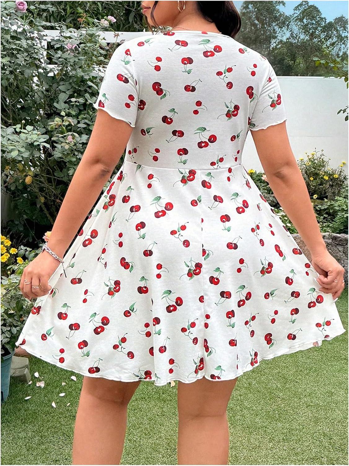 imageMakeMeChic Womens Plus Size Cherry Y2K Party Mini Dress Ruched Drawstring Short Sleeve V Neck DressesWhite