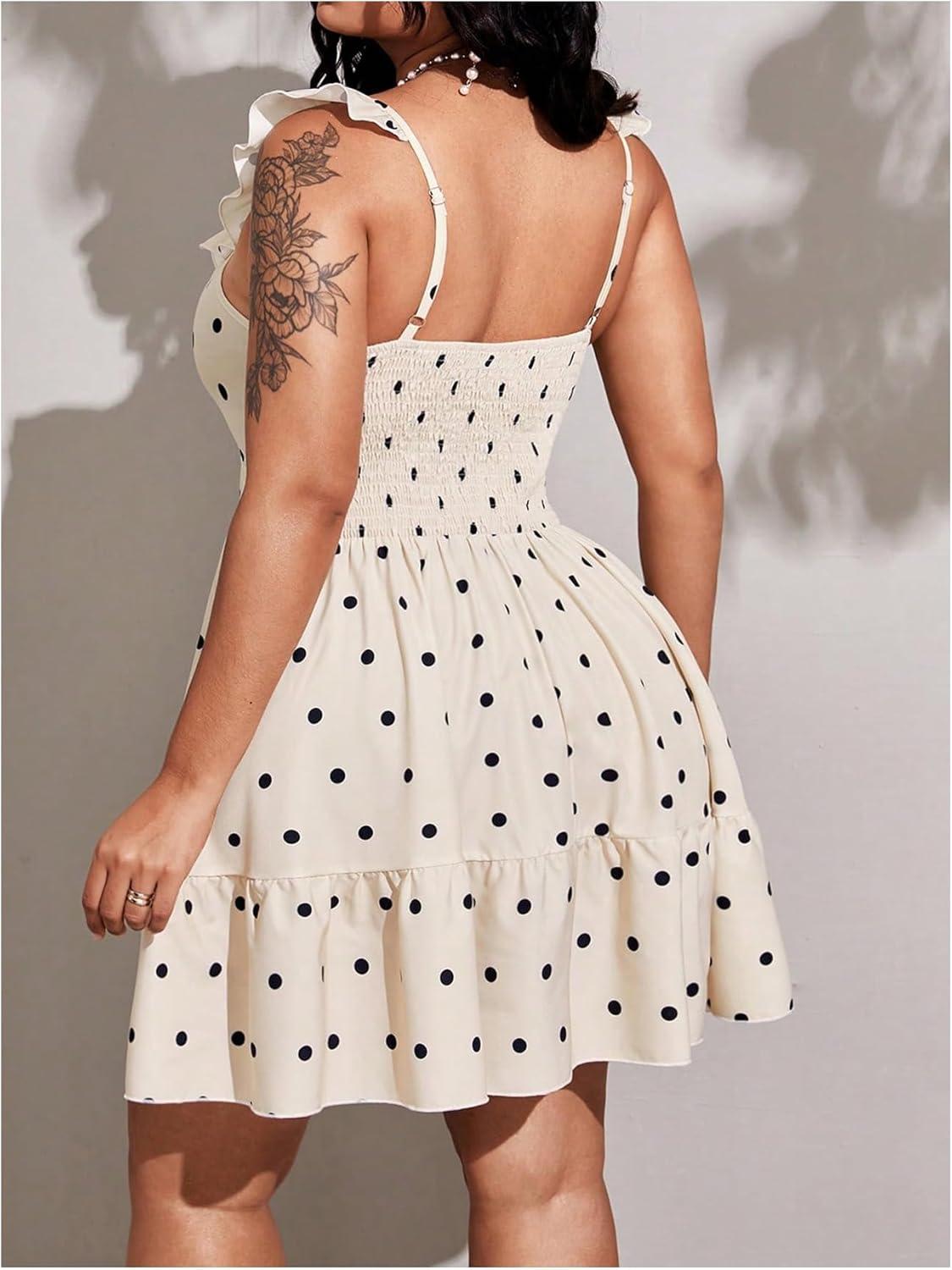imageMakeMeChic Womens Plus Size Polka Dots Dress Sweetheart Ruffle Sleeveless Shirred Short DressesApricot