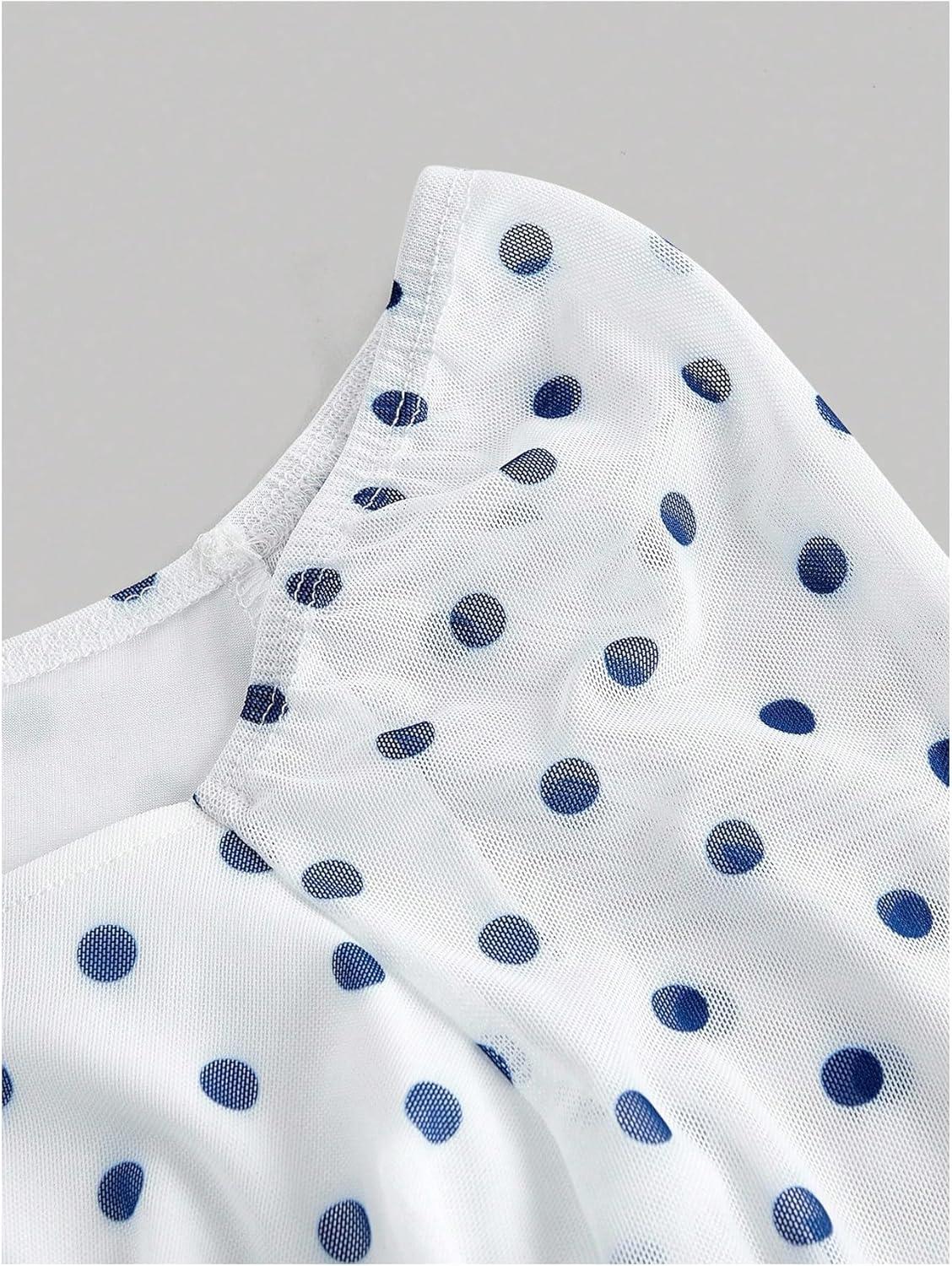 imageMakeMeChic Womens Polka Dots Tops Bell Sleeve Mesh Square T Shirt Asymmetrical Bow Tie Going Out TopsBlue