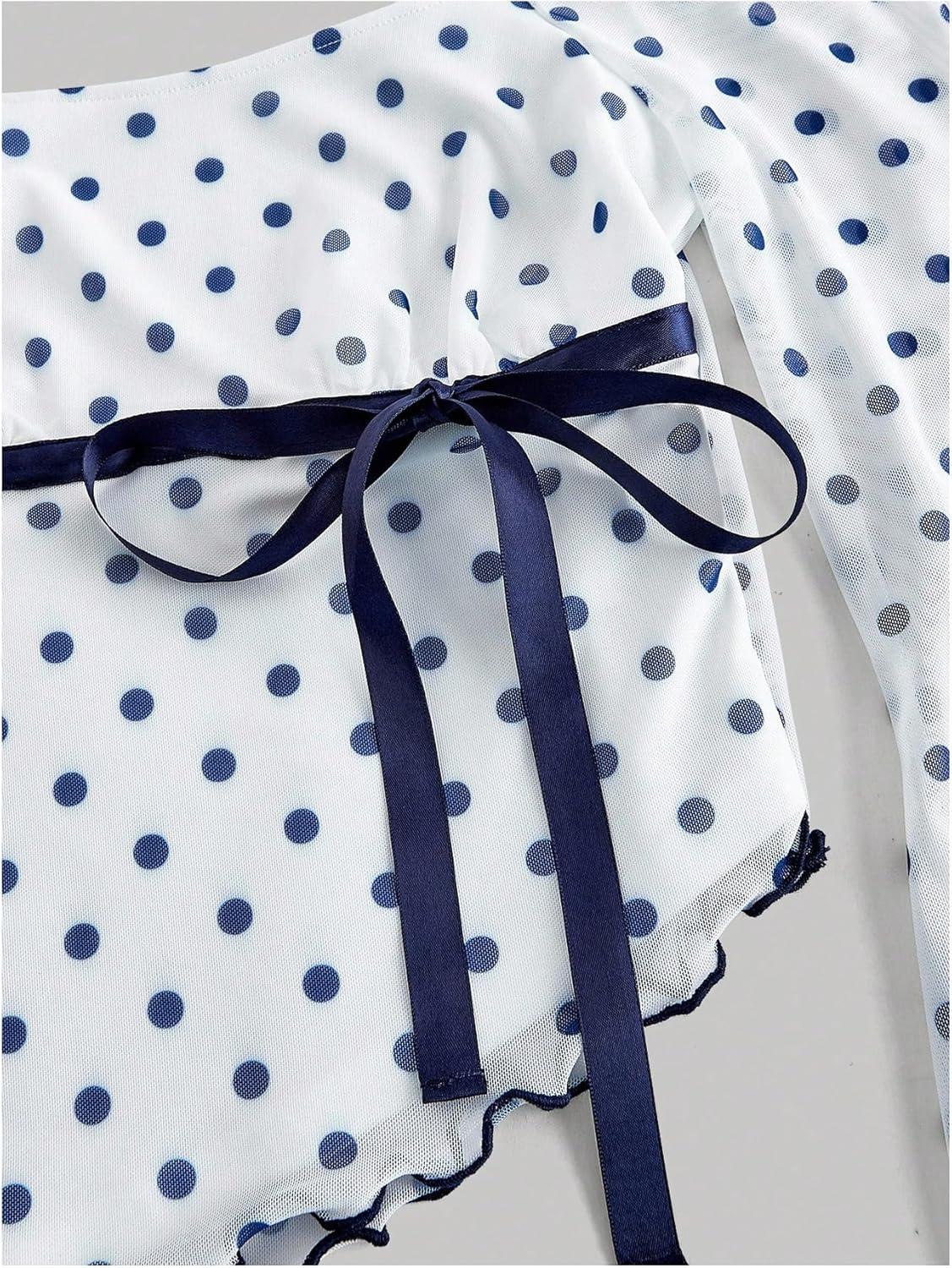 imageMakeMeChic Womens Polka Dots Tops Bell Sleeve Mesh Square T Shirt Asymmetrical Bow Tie Going Out TopsBlue