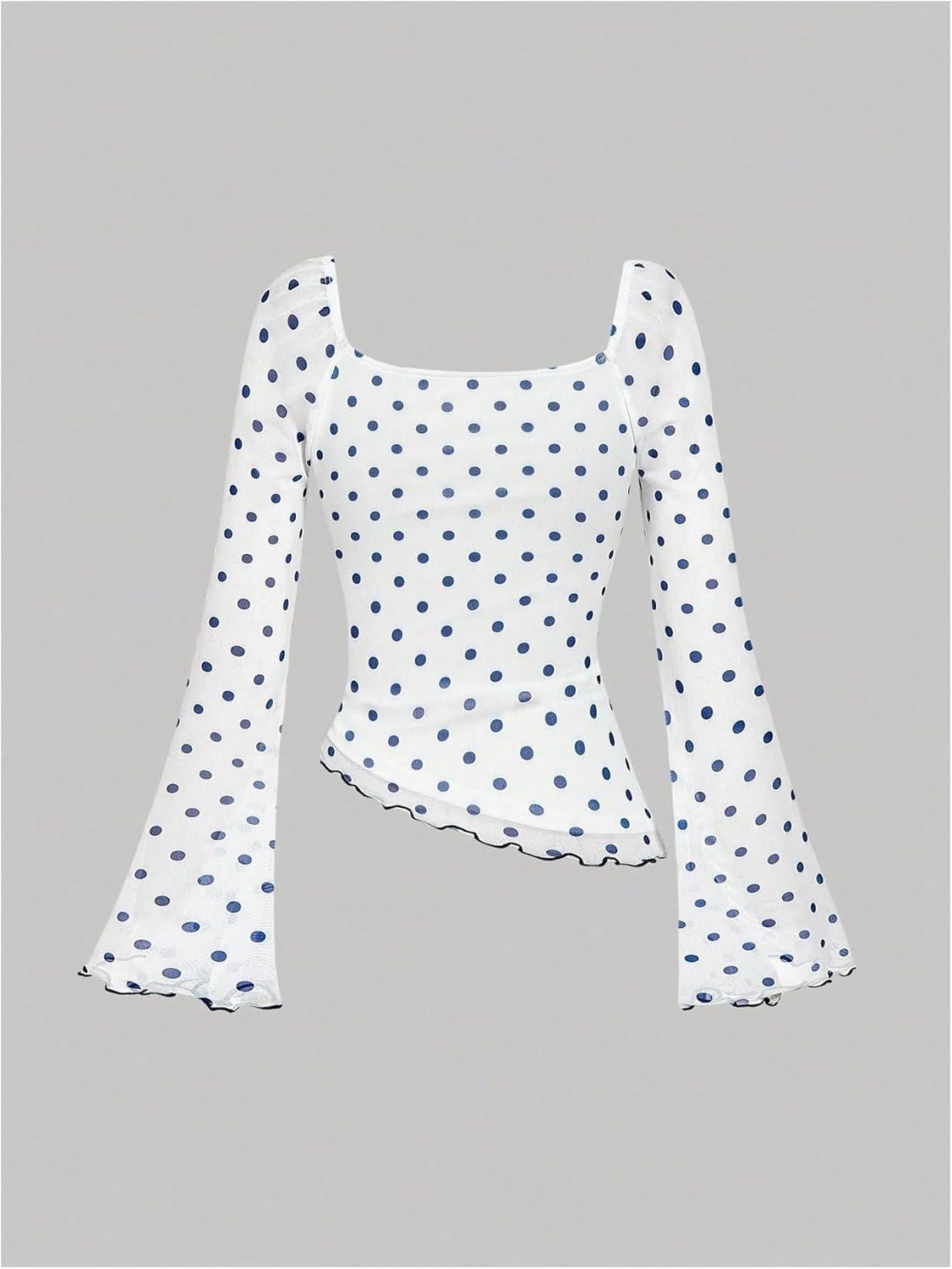 imageMakeMeChic Womens Polka Dots Tops Bell Sleeve Mesh Square T Shirt Asymmetrical Bow Tie Going Out TopsBlue
