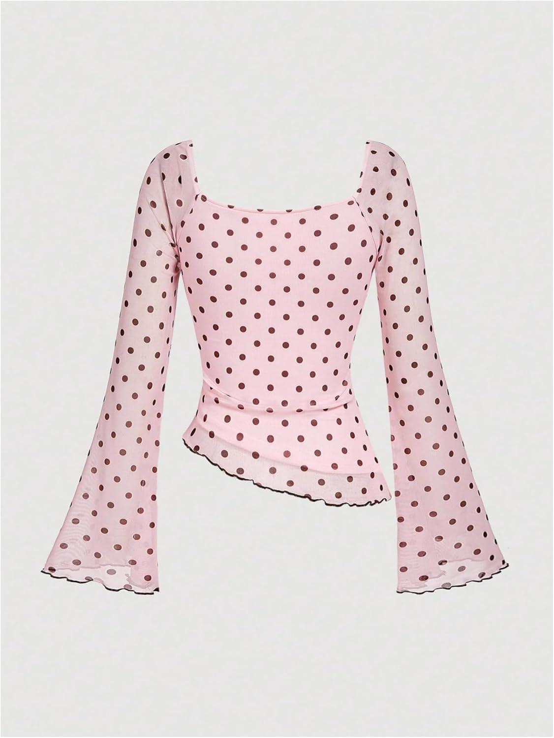 imageMakeMeChic Womens Polka Dots Tops Bell Sleeve Mesh Square T Shirt Asymmetrical Bow Tie Going Out TopsPink