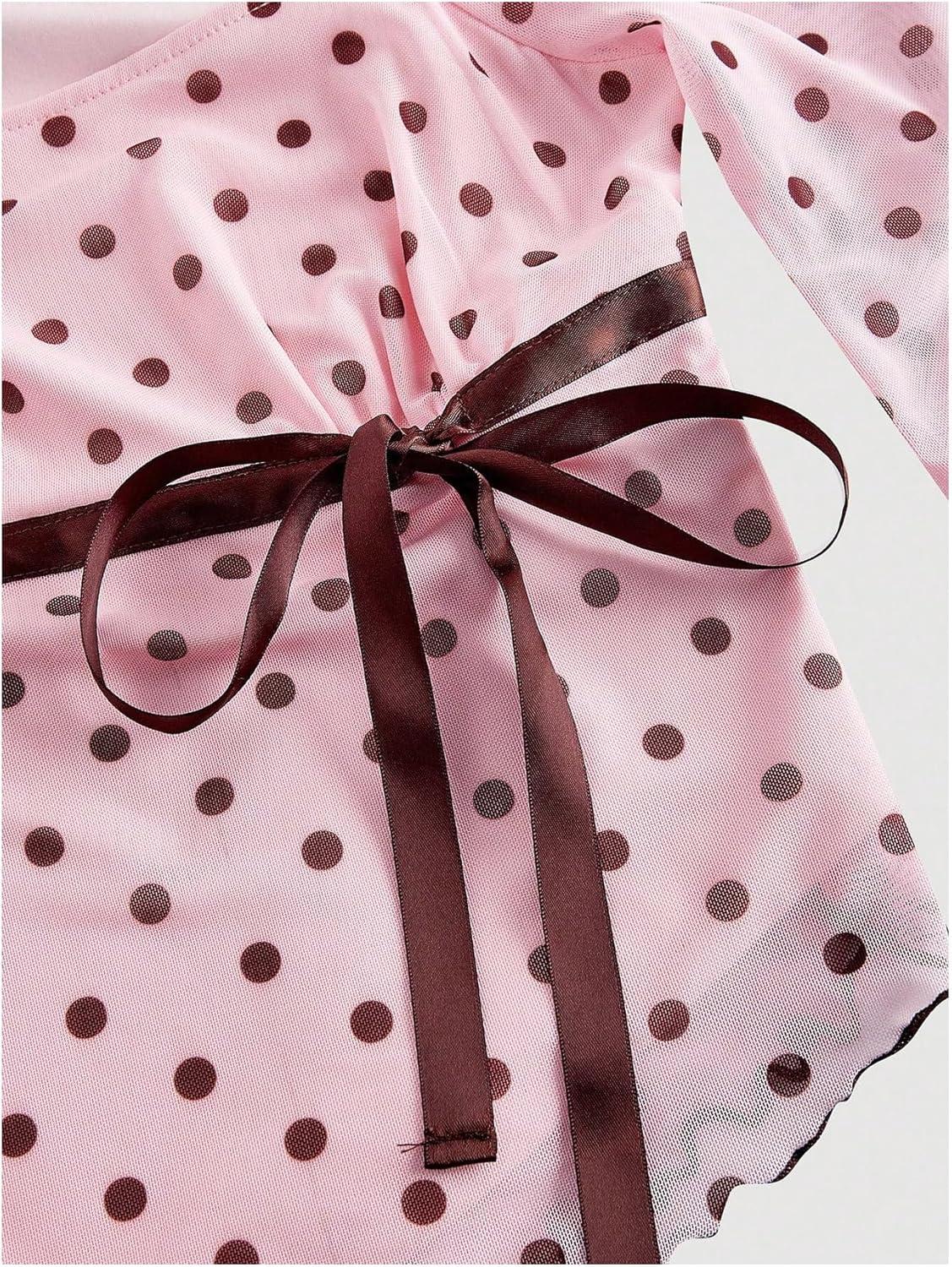 imageMakeMeChic Womens Polka Dots Tops Bell Sleeve Mesh Square T Shirt Asymmetrical Bow Tie Going Out TopsPink