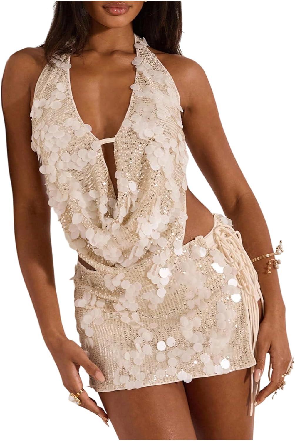 imageMakeMeChic Womens Sequin Sparkly Skirt Y2K Fall Glitter Club Micro Mini SkirtsApricot