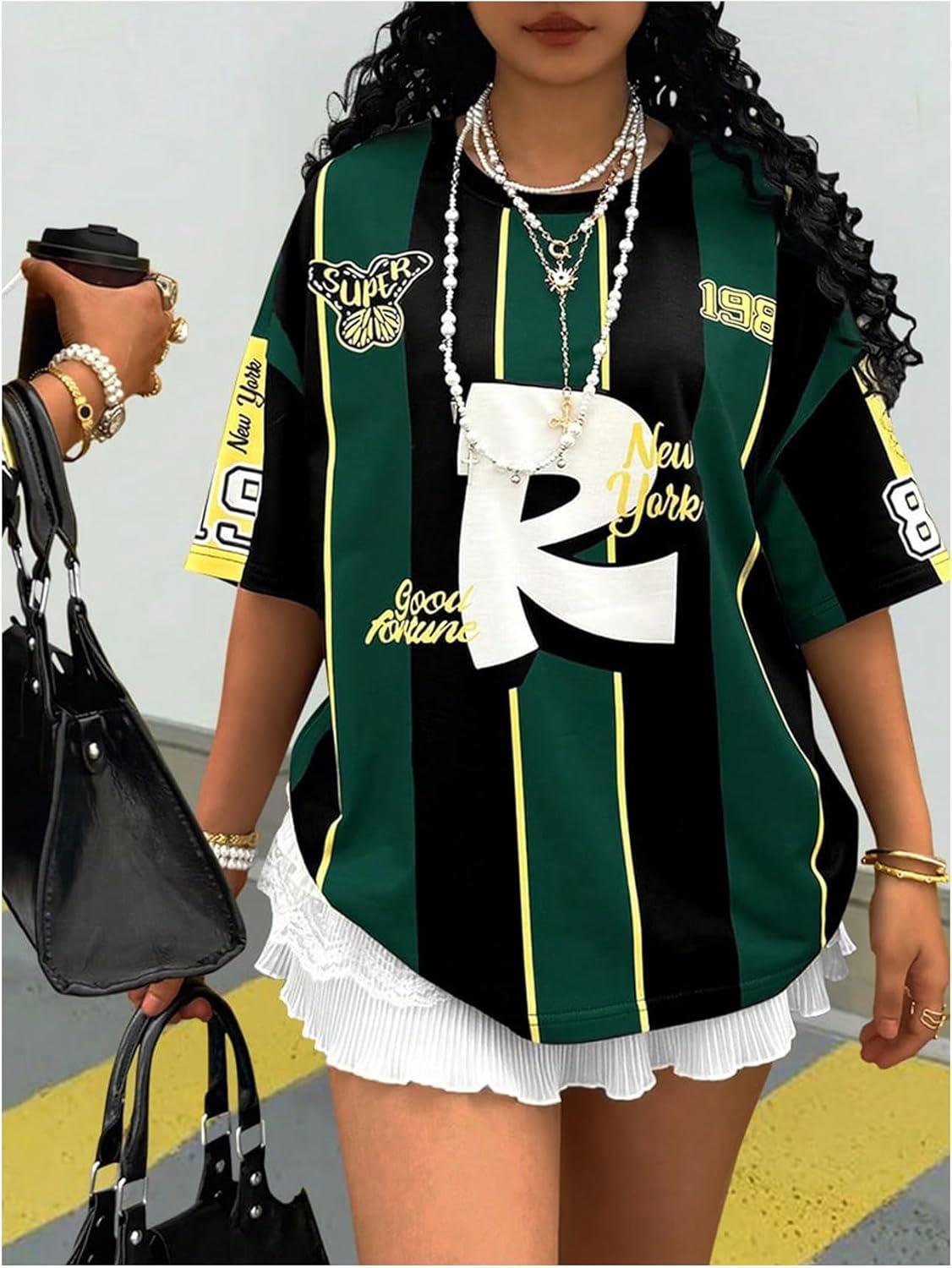 imageMakeMeChic Womens Striped Color Block Jersey Shirt Number Print Crew Neck Half Sleeve Tee Shirts Summer TopDark Green