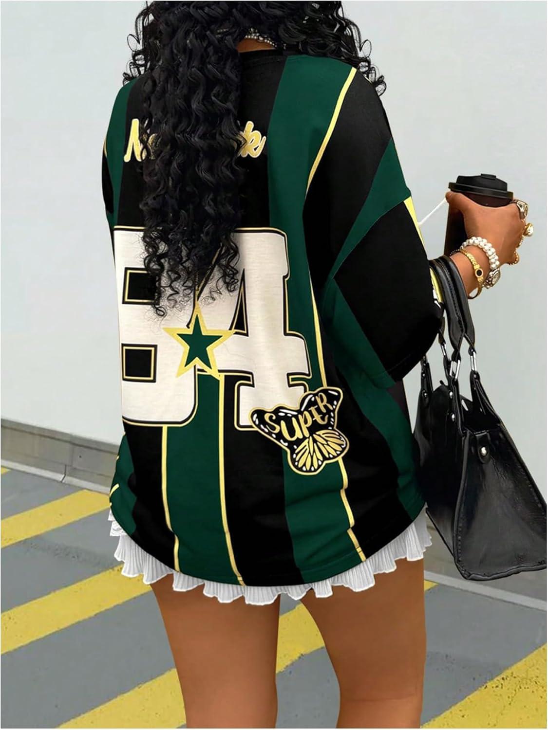 imageMakeMeChic Womens Striped Color Block Jersey Shirt Number Print Crew Neck Half Sleeve Tee Shirts Summer TopDark Green