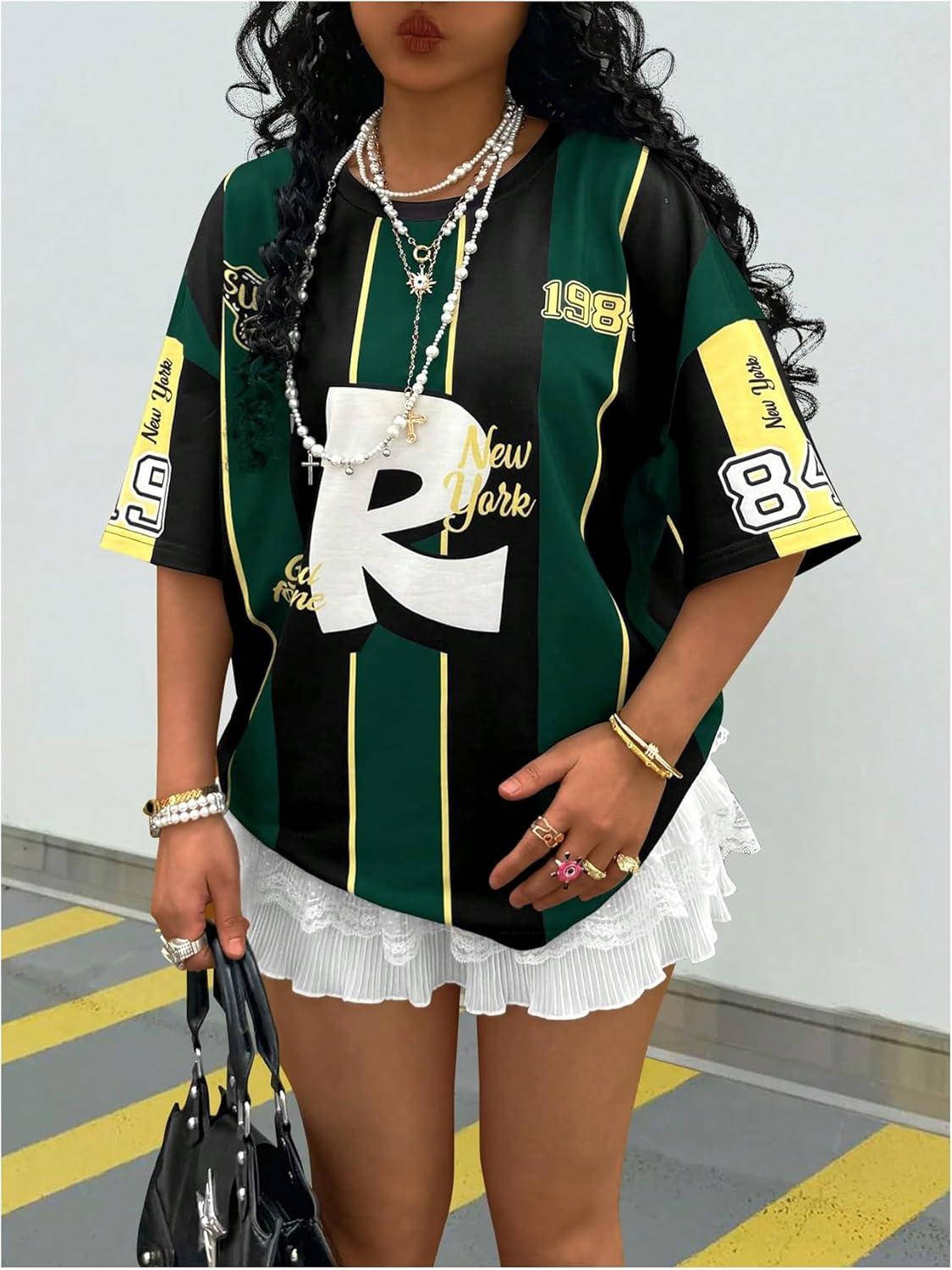 imageMakeMeChic Womens Striped Color Block Jersey Shirt Number Print Crew Neck Half Sleeve Tee Shirts Summer TopDark Green