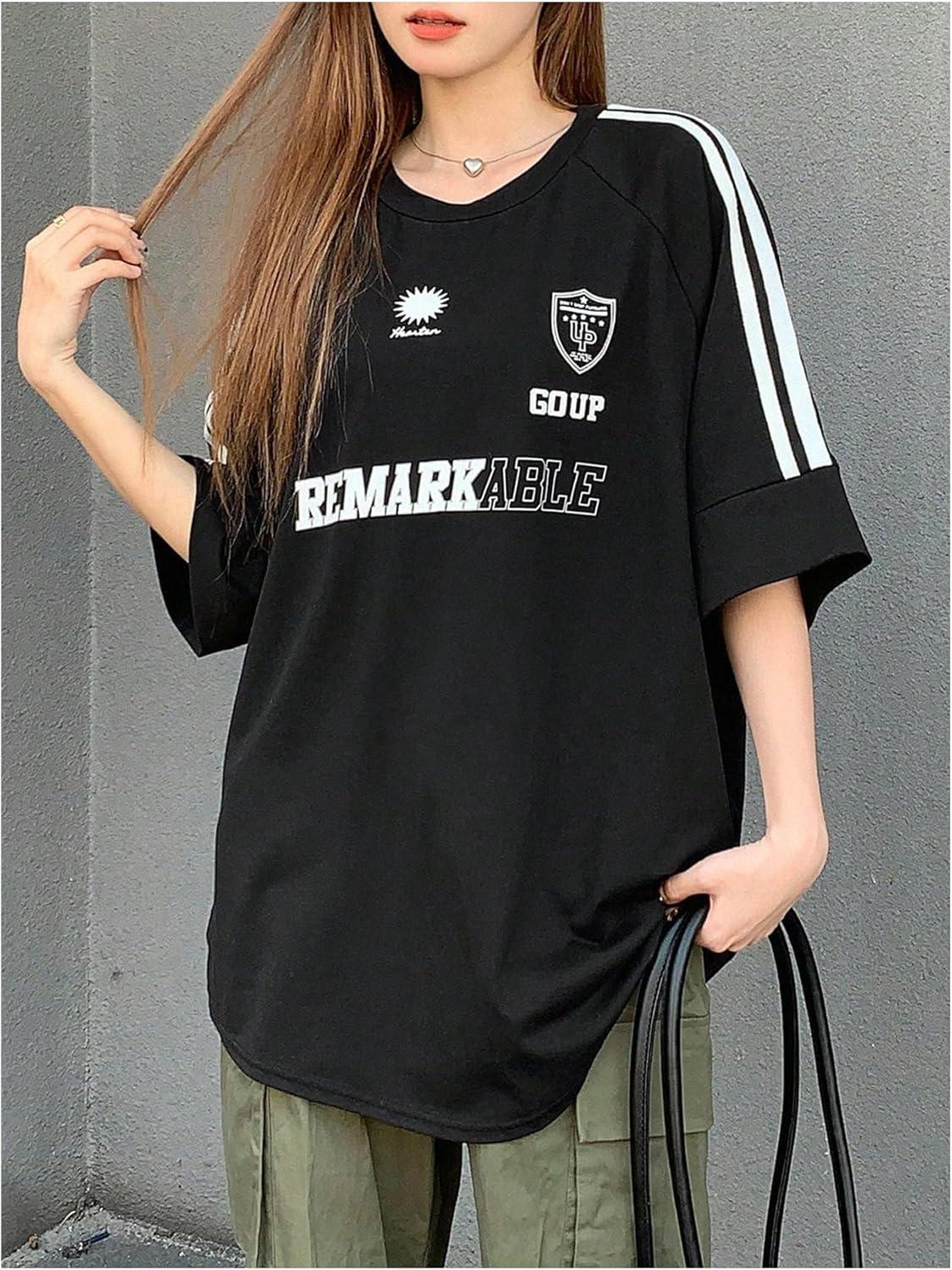 imageMakeMeChic Womens Striped Jersey Shirt Graphic Print Half Sleeve Crew Neck Tee Y2k TopBlack