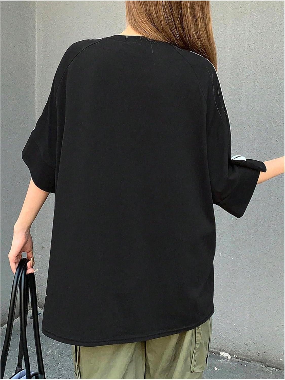 imageMakeMeChic Womens Striped Jersey Shirt Graphic Print Half Sleeve Crew Neck Tee Y2k TopBlack