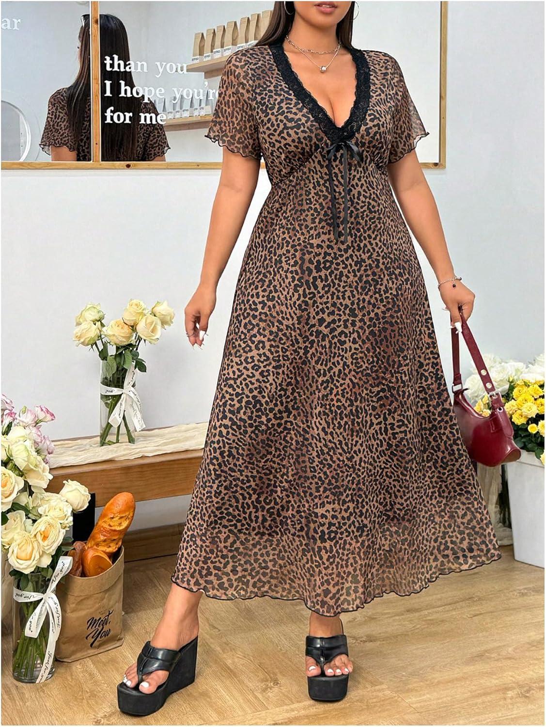 imageMakeMeChic Womens Summer Y2K Plus Size Midi Dress Cheetah Print Lace Trim A Line DressesMulticolor